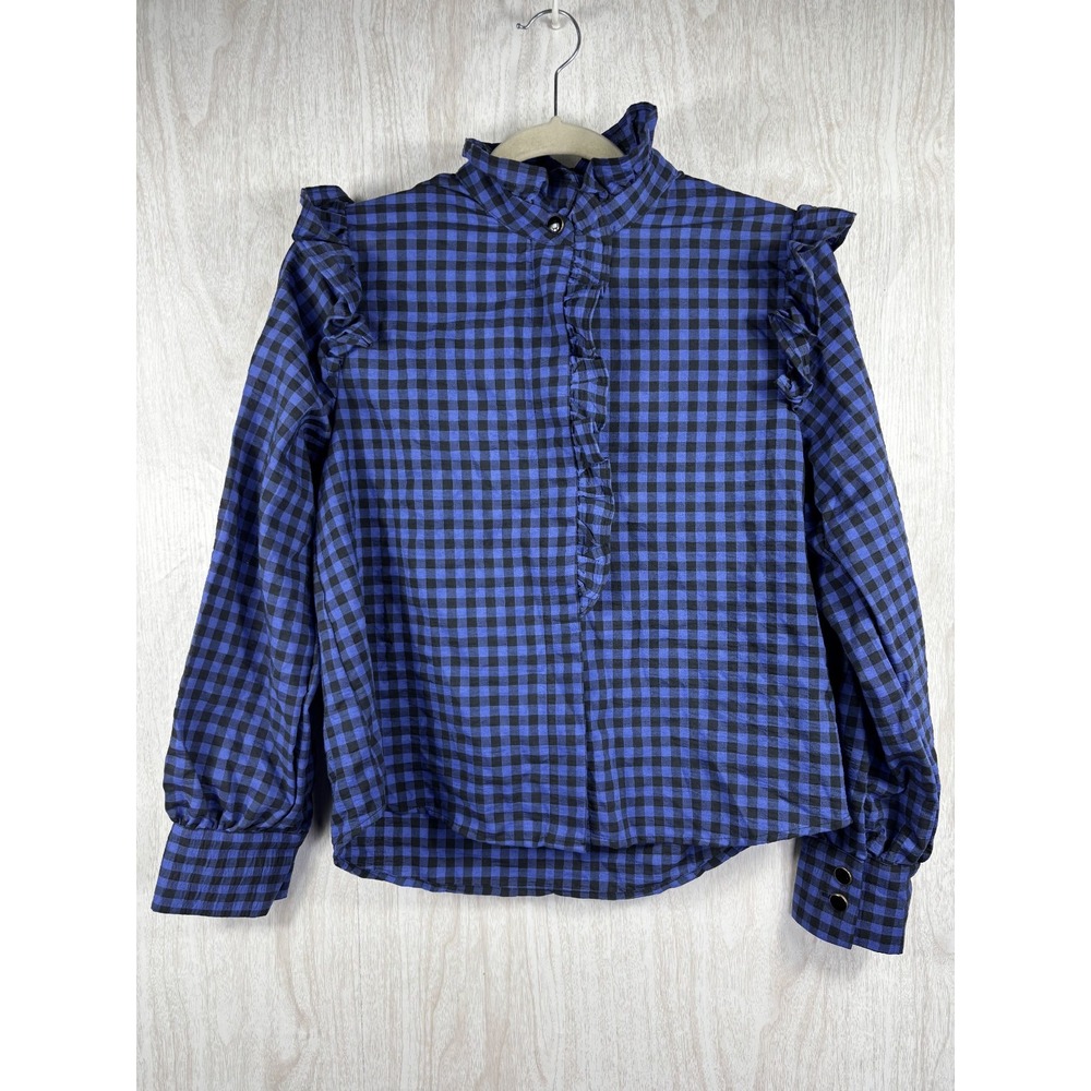 Mango MNG Gingham Shirt L Blue Black Cotton Preppy Button Up NWT Classic - Picture 2 of 7